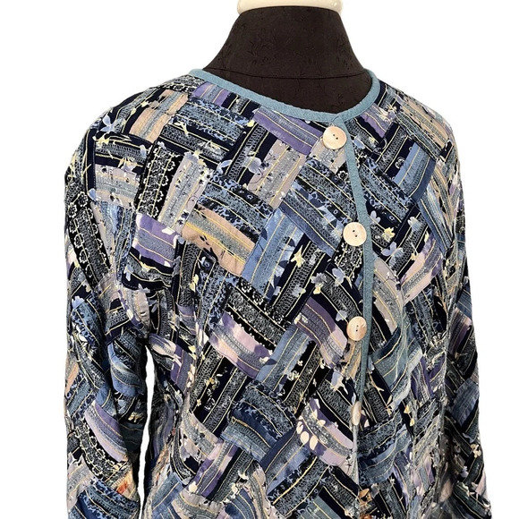 Vintage Soul Mates Blue Rayon Patchwork Jacket Metallic Threads Medium - Picture 2 of 8
